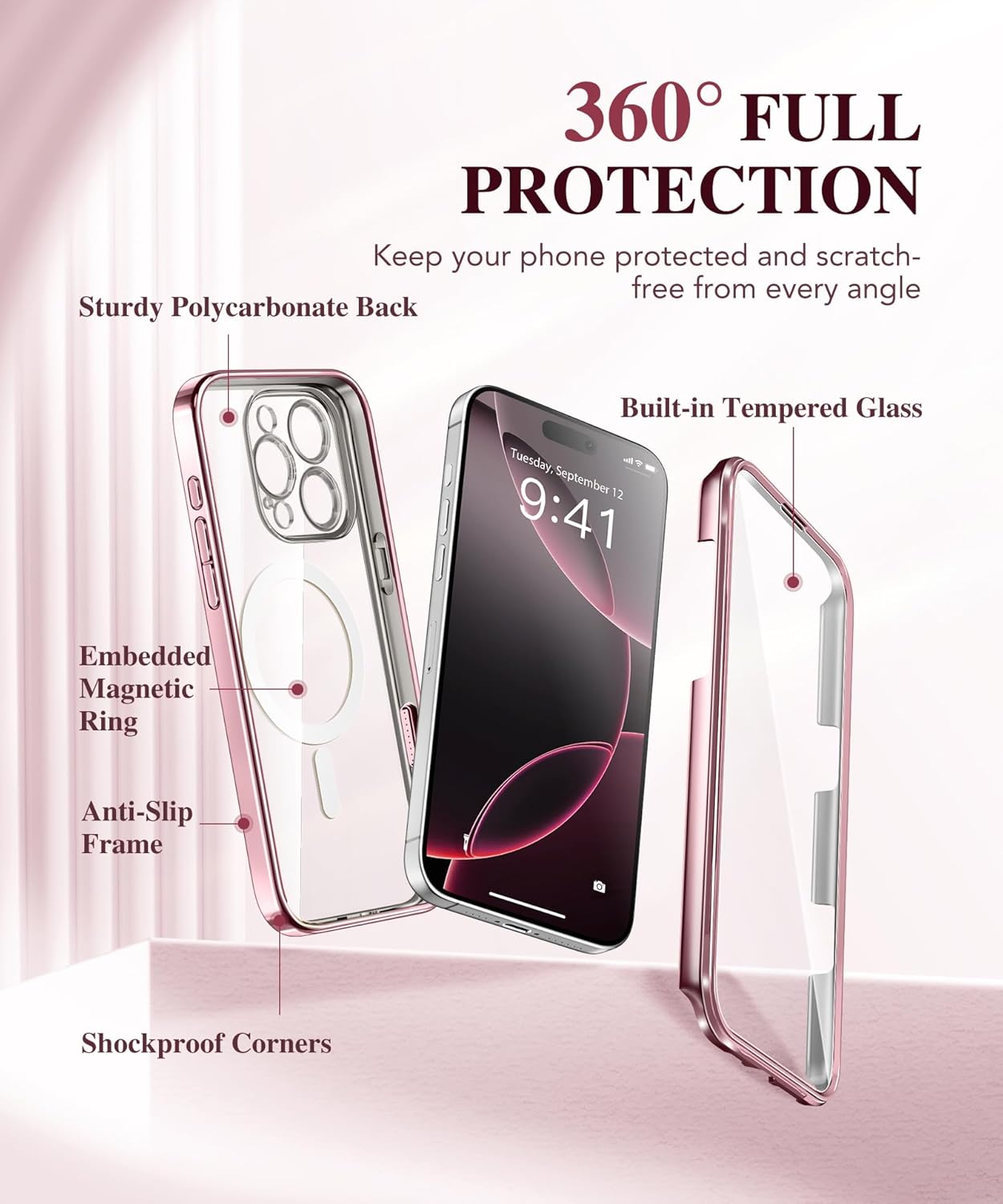 BERFY Magnetic for iPhone 16 Pro Case, Compatible with Magsafe, Built-in 9H Tempered Glass Screen Protector & Upgraded Camera Protection, Full-Body Plating Shockproof Phone Case for 16 Pro 6.3", Pink