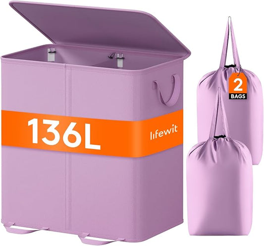 Lifewit Double Laundry Hamper with Lid and Removable Laundry Bags, Large Collapsible 2 Dividers Dirty Clothes Basket with Handles for Bedroom Laundry Room Closet Bathroom College, 136L Purple