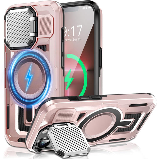 Camera Stand Case for iPhone 13 Pro Max, [Compatible with Mag Safe] [Lens Cover] 2024 Version Military Grade Protective Soft Case for iPhone 13 Pro Max 6.7 inch Men Women, Pink