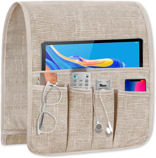 Couch Armrest Remote Control Holder, Couch Caddy Gifts for Seniors Bed Caddy Tv Remote Holder with 5 Pockets for Key Glasses Phone Magazine Holders