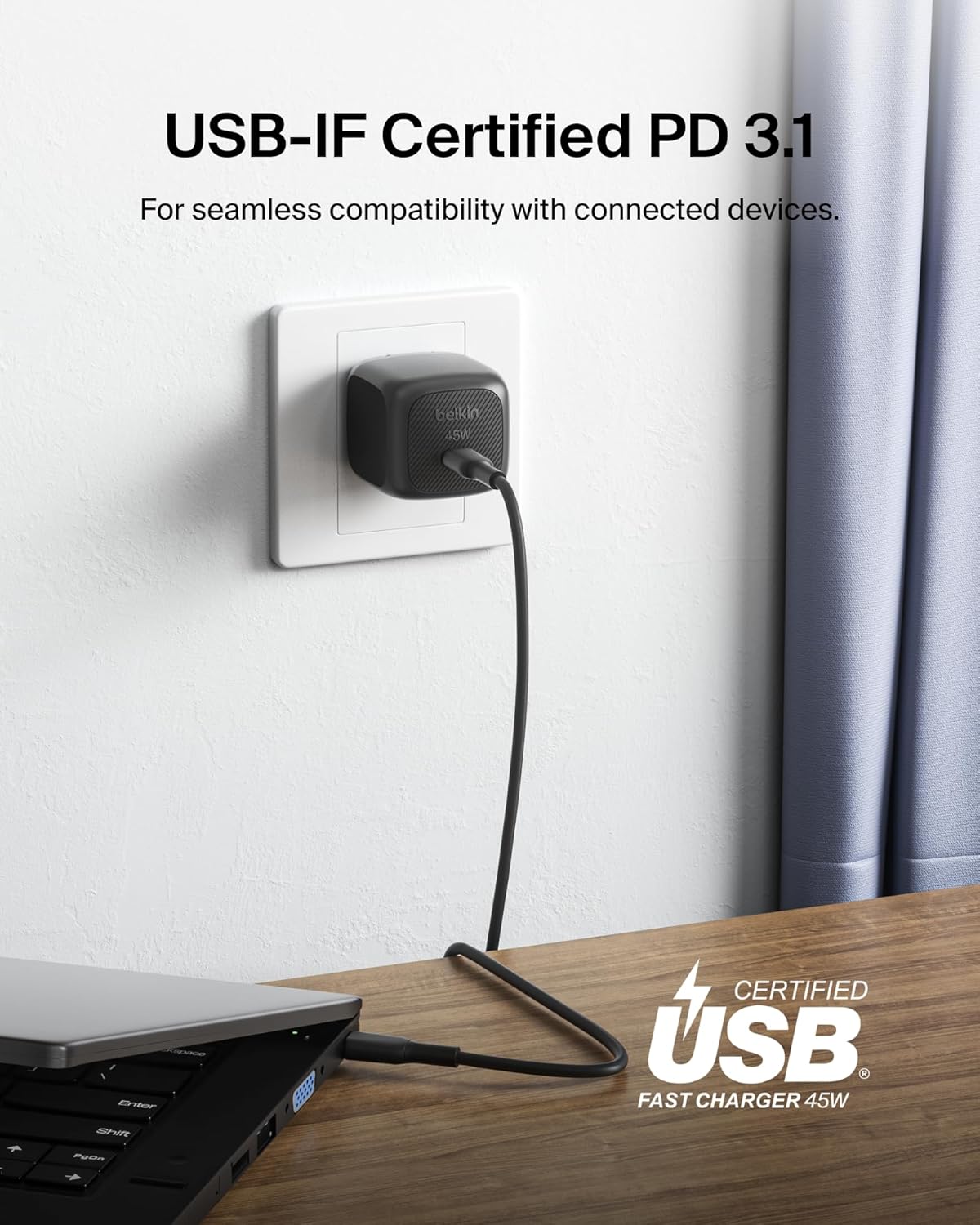 Belkin USB C Charger Block 45W - PD3.1 PPS Super Fast Charging - Samsung Galaxy S25, S24, S23, S22, Apple iPhone 16, iPhone 15/14/13 Plus, Pro, Pro Max, Google Pixel 9, Nintendo Switch, etc - Black