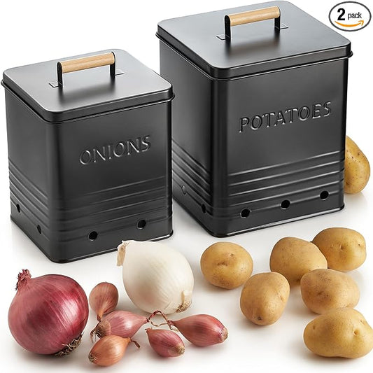 ZICOTO Beautiful Potato and Onion Storage Container Set, 10.1" & 8.9" - Perfectly Sized Spacious Canisters For Your Kitchen Counter Or Pantry - Food Safe Metal Bins Keep Produce Fresh Longer