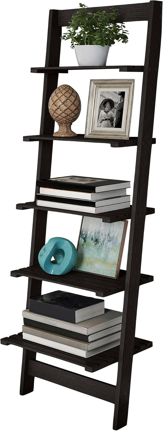 Lavish Home 5-Tier Ladder Shelf – 50" Narrow Leaning Wood Bookcase for Small Spaces, Decorative Storage in Living Room, Office, or Bathroom – Black Modern Display Shelf
