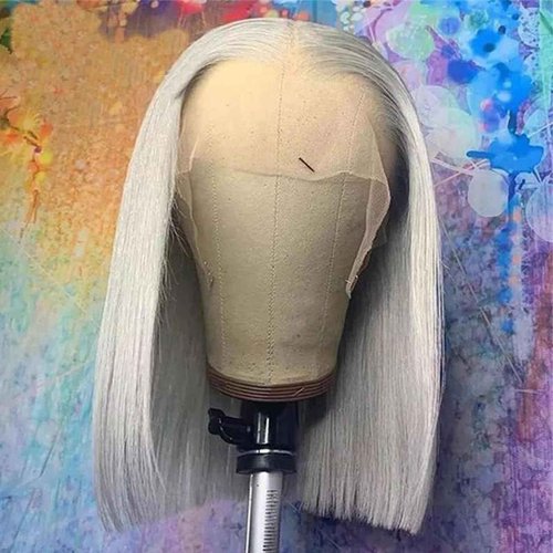 Silver Grey Bob Wigs Human Hair for Black Women 13x4 HD Lace Frontal Bob Wigs Human Hair Pre Plucked WIth Baby Hair Wear and Go Glueless Short Straight Blunt Cut Bob Wigs 180% Density 12 Inch