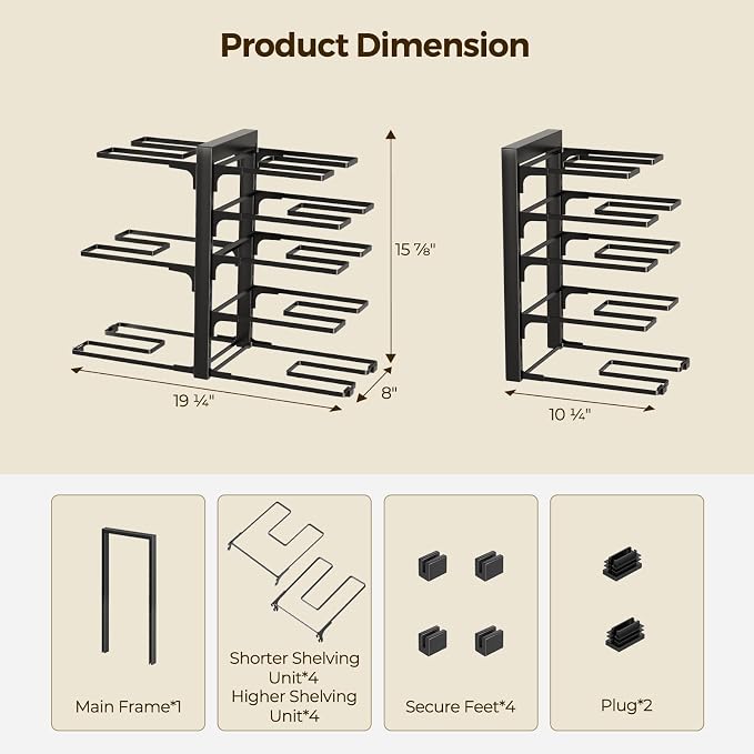 LAMU Pots and Pans Organizer Organizer under Cabinet 15.83" Height, 8 Adjustable Tier Heavy Duty 120LB Pot and Pan Organizer Rack inside Cabinet for Cast-iron Pan, Heavy Skillets Griddle, Shallow Pot