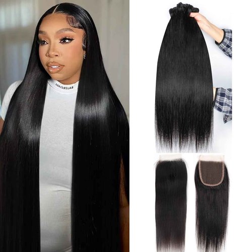 Human Hair Bundles with Closure Straight(14 16 18 +12,Free Part) Closure with 3 Bundles Brazilian Virgin Hair 16A Extensions with Pre Plucked with Baby Hair 4X4 HD Lace Closure Natural Black Color
