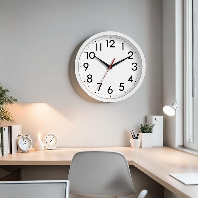 DAXSMY 12 Inch Wall Clock Battery Operated Silent Non Ticking Analog Modern Decorative for Office Kitchen Outdoor Living Room Classroom Bedroom Bathroom School(White)