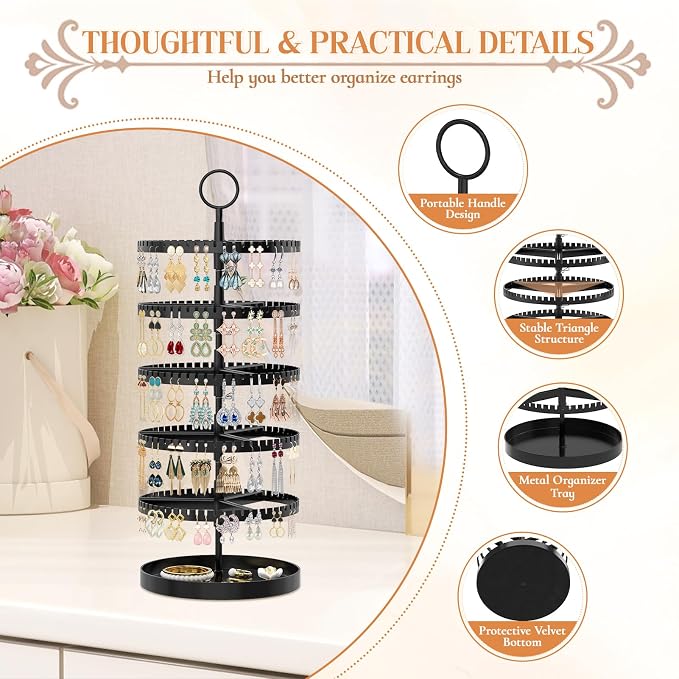 iDavosic.ly 5 Tier Rotating Earring Holder Organizer with Metal Tray, Adjustable Plastic Dangle Display Stands Tree with 285 Grooves, Large Hoop Storage Rack Tower, Black