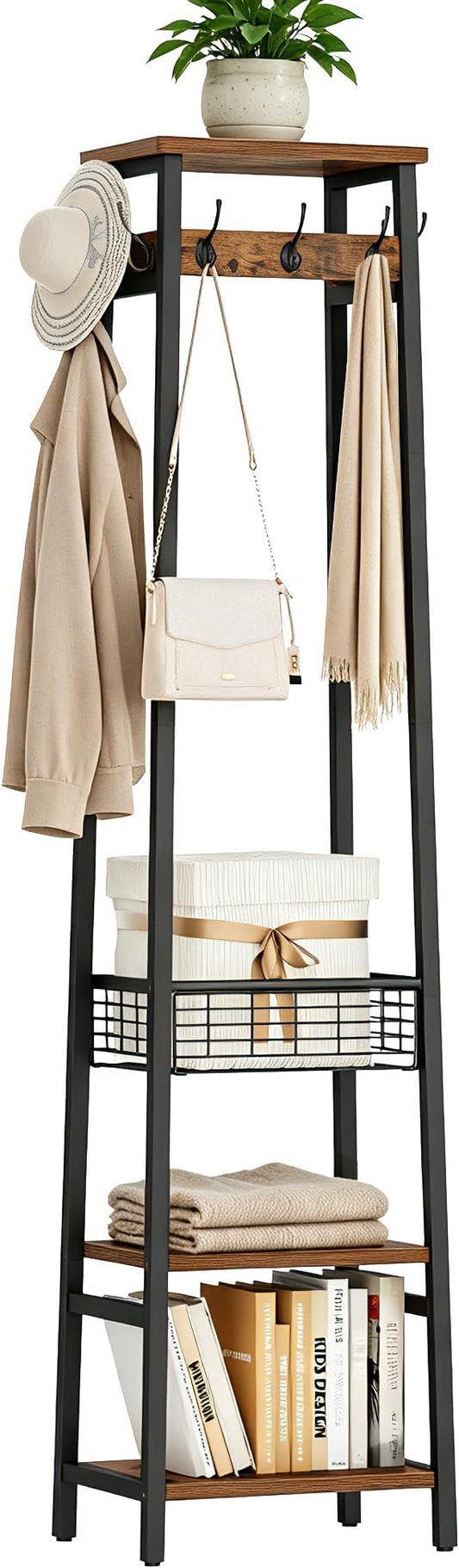 Coat Rack Freestanding, Coat Stand with Metal Basket and Storage Shelves, Hall Tree Free Standing with and 7 Hooks, Clothes Rack Stand Organizer, Rustic Brown and Black