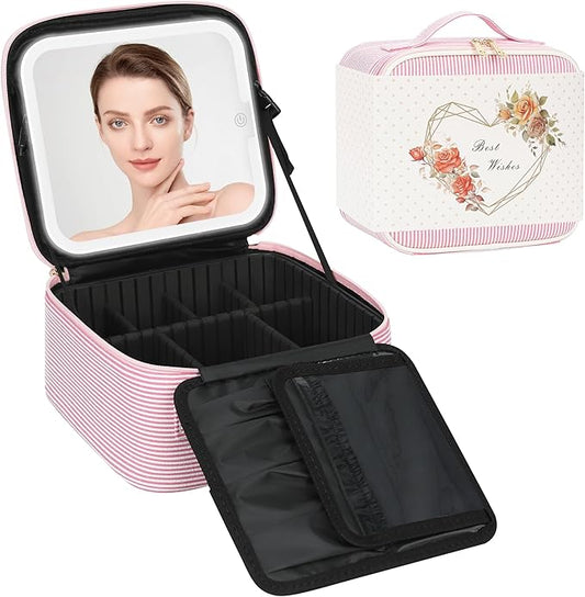 Relavel Travel Makeup Bag With LED Mirror, Portable Cosmetic Bag Organizer with Adjustable Brightness in 3 Color Scenarios, Small Cute Train Case with Detachable Dividers for Trip- Pink Strip