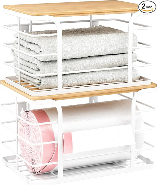 2 Pack Extra Large Stackable Pantry Organizer,Wall Mount Garbage Bag Holder Dispenser with Bamboo Top for Kitchen Laundry Room Organization,White