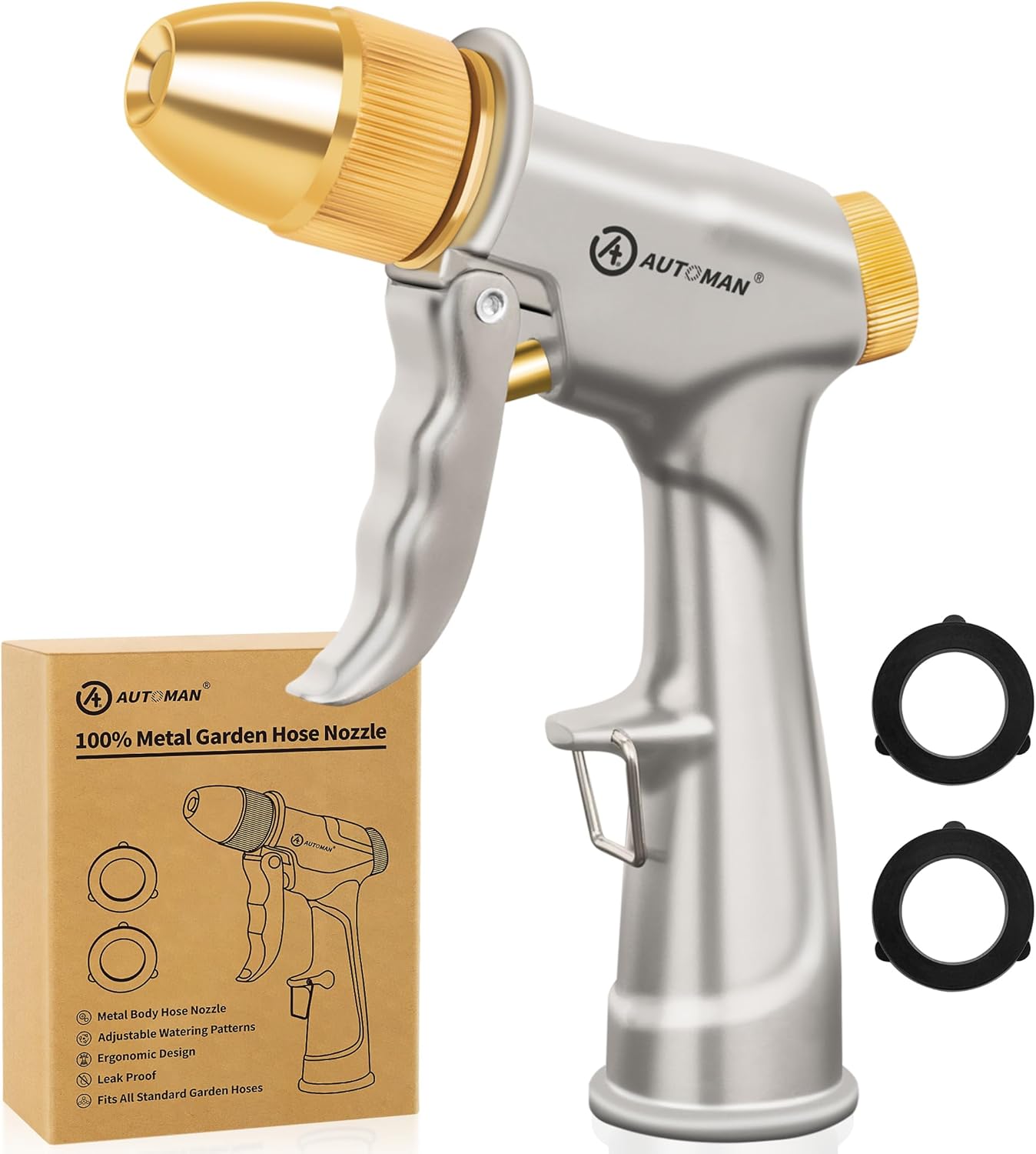 AUTOMAN Garden Hose Nozzle Sprayer - High Pressure 100% Metal Water Spray Nozzle With 4 Patterns - Heavy Duty for Watering Plants, Lawns, Washing Cars & Pets