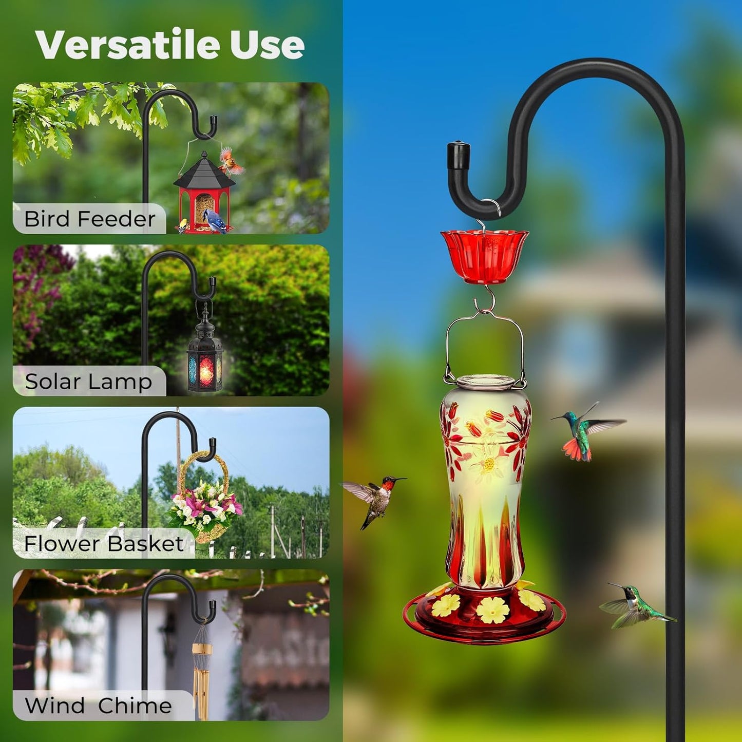 Kingsyard Adjustable Shepherd Hooks for Outdoor - Heavy Duty Bird Feeder Pole with 5 Prong Base, Garden Plant Hanger, Weddings Decor, Solar Light Lanterns, 108 inch