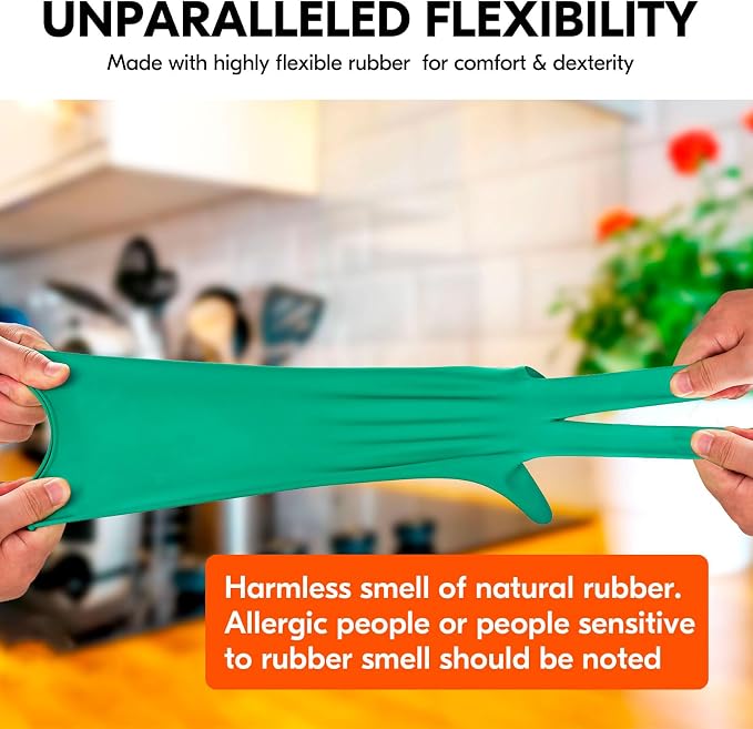 Vgo... 2-Pairs Reusable Household Gloves, Rubber Dishwashing gloves, Extra Thickness, Long Sleeves, Kitchen Cleaning, Working, Painting, Gardening, Pet Care (Size XL, Green, HH4601)