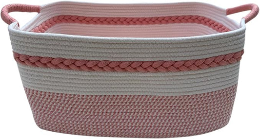 Decorative laundry basket with handles woven from natural cotton rope storage blankets for living room cute boho quilted gift baskets for clothes pillows toys 20"x14"x10",white/pink