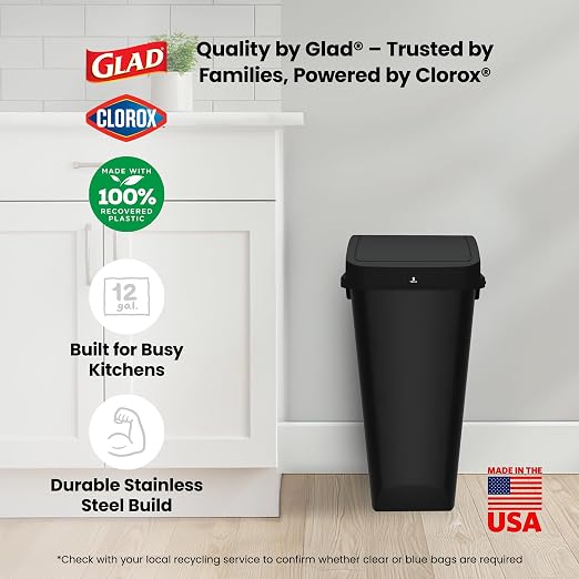 Glad 12 Gallon Trash Can with Clorox Odor Protection | Linkable Waste and Recycling Bin with Swing Top and Lift Up Lid, for Kitchen, Office or Home, Black