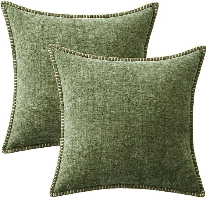 MIULEE Pack of 2 Couch Throw Pillow Covers 22x22 Inch Sage Green Farmhouse Decorative Pillow Covers with Stitched Edge Soft Chenille Solid Dyed Summer Pillow Covers for Sofa Bed Living Room