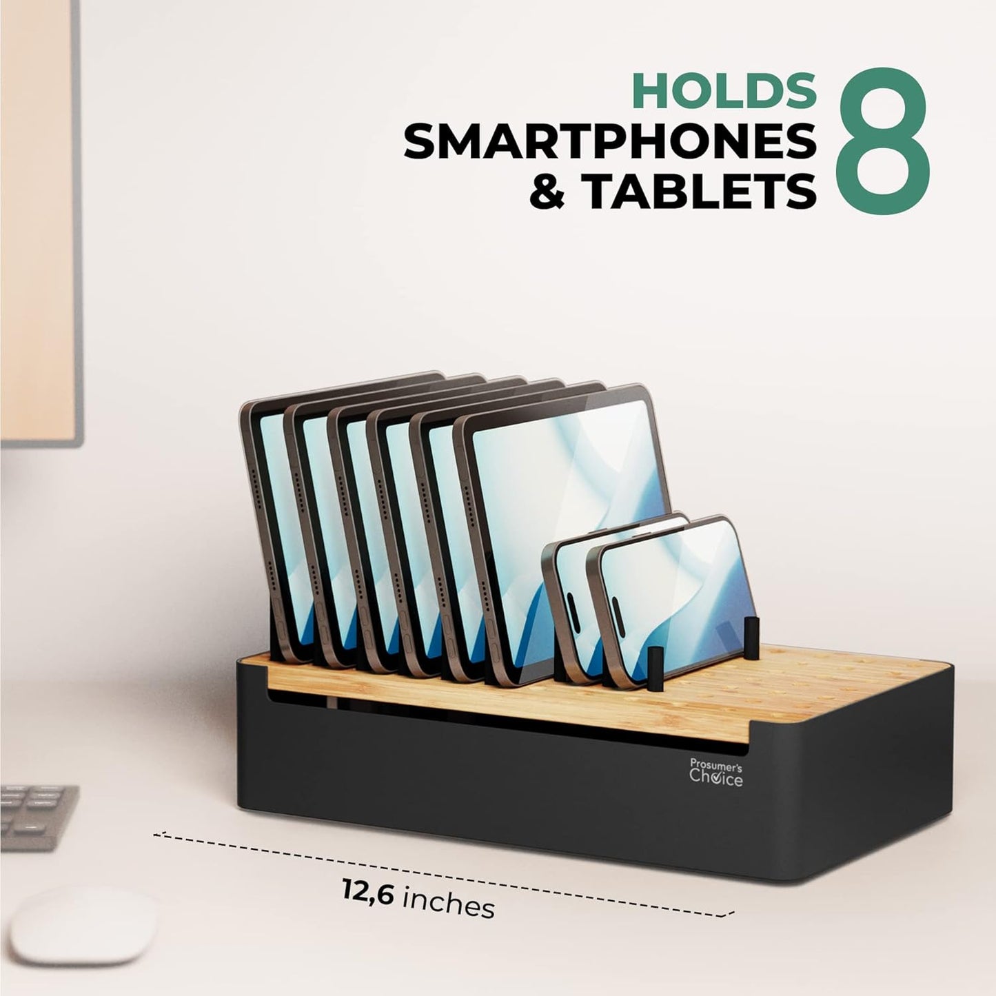 Prosumer's Choice Black Wooden Charging Station Organizer for Multiple Devices - Cable Management Box with 5 Slots and Removable Dividers - Charger Organizer for Phone, Tablet, Home, Office, 12"x6""x7"""
