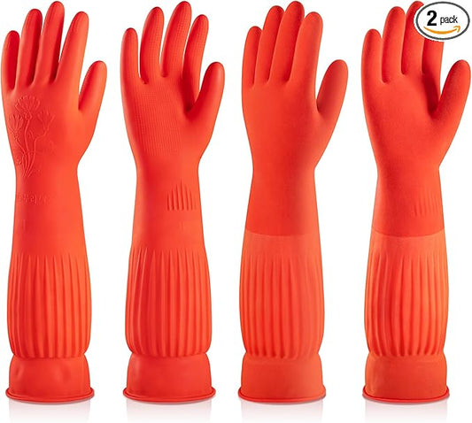ThxToms Rubber Dishwashing Cleaning Gloves (2-Pair) - Fleece Lined, Reusable, Waterproof with Extra-Long Cuff & Anti-Slip Design for Household & Kitchen Use - Small