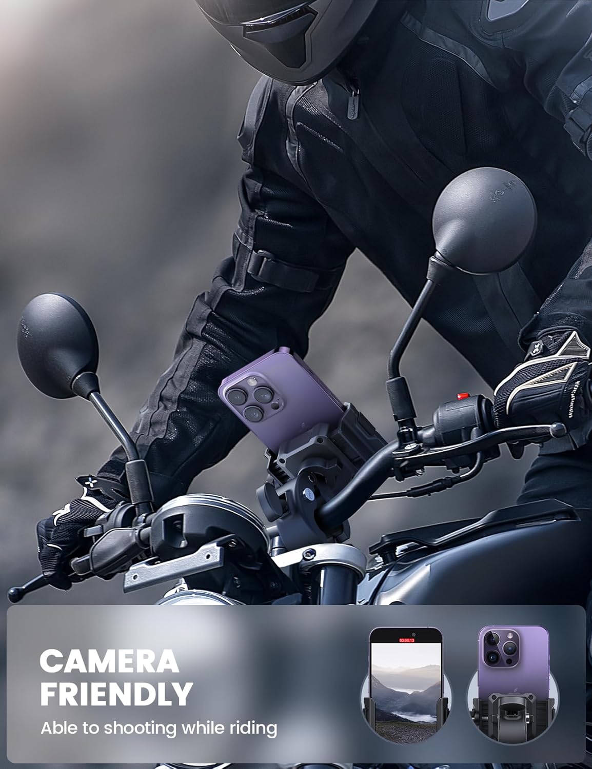 Lamicall Motorcycle Phone Mount Holder - [Camera Friendly] [1s Lock] Bike Phone Holder Handlebar Clamp, Bicycle Scooter Phone Clip, for iPhone 16 Pro Max, 15 14 13, Galaxy S25 Ultra, 4.7-7" Phones"