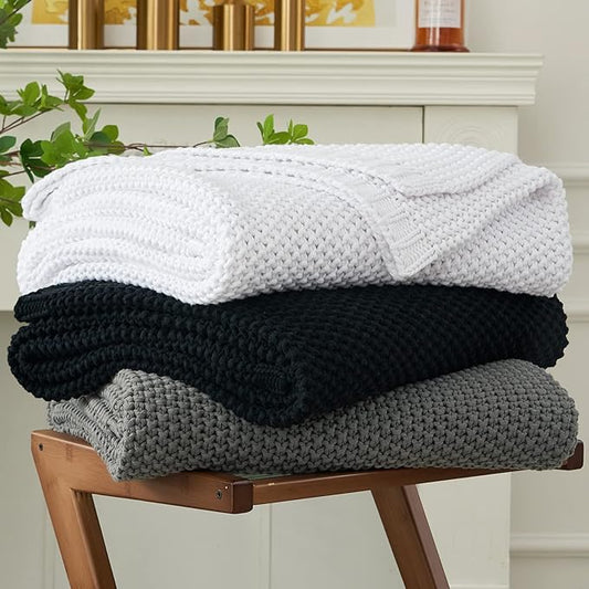 Chunky Cable Knit Throw Blanket Lightweight Grey 100% Organic Cotton Blanket for Sofa Couch Bed Baby Nursery, Rustic Shabby Chic Modern Farmhouse, Gray 60” x 80” Give Laundering Bag