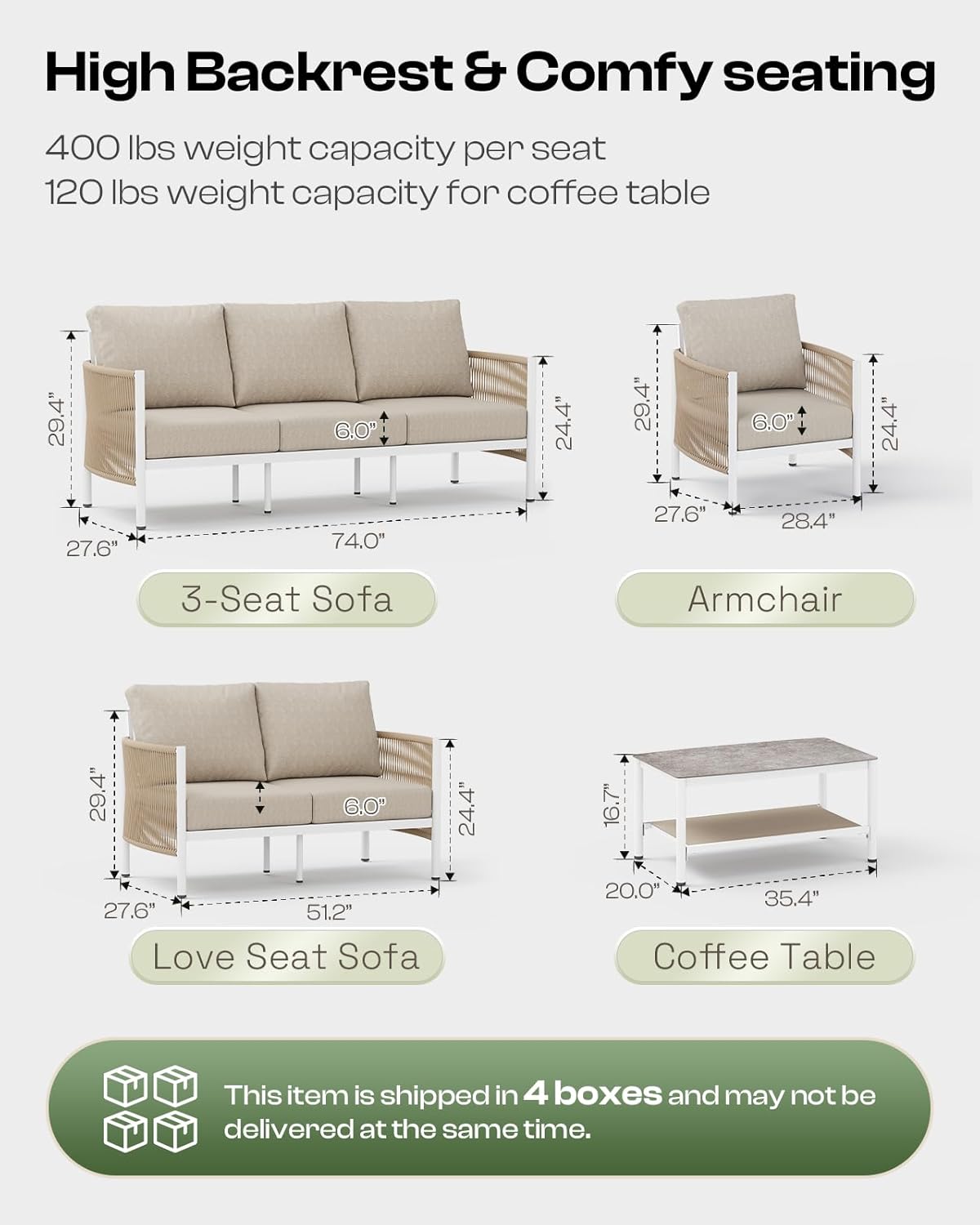 Aluminum Outdoor Sofa Armchair, HDPE Rope Patio Couch with Washable Thick Cushion, All-Weather Outdoor Patio Chairs Set of 2 for Balcony, Yard, White Frame, Ivory