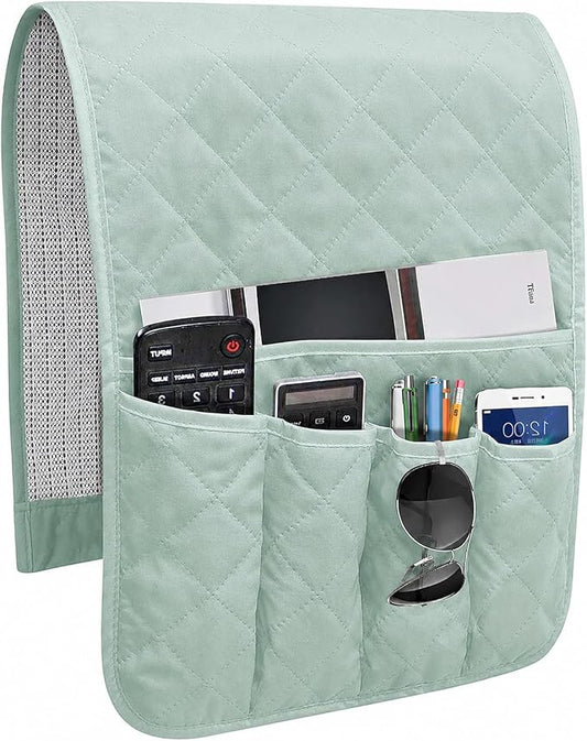 Sofa Armrest Organizer Non-Slip Arm Chair Bedside Caddy Storage Organizer for Recliner Couch with 5 Pockets for Cell Phone TV Remote Control Magazines (Light Green)