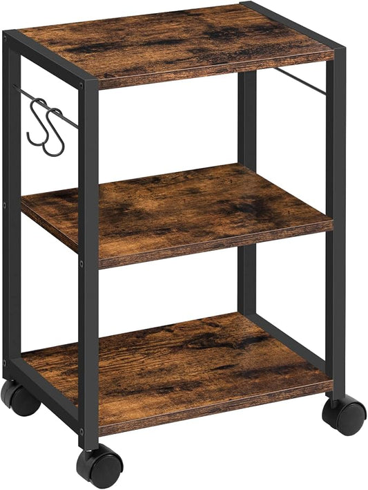 MAHANCRIS Printer Stand, 3-Tier Under Desk Rolling Cart with Storage Shelf, Heavy Duty Printer Table with Wheels for Home and Office, Printer Shelf with 2 Hooks, Small Spaces, Rustic Brown PTHR4001Z