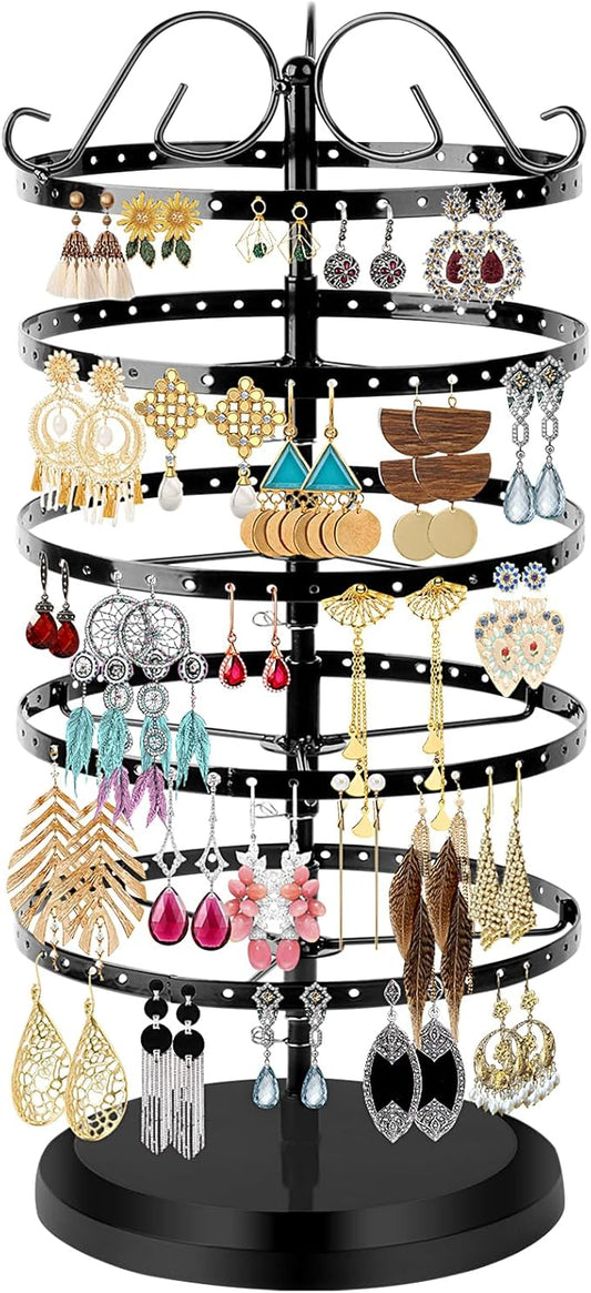 5 Tier 360 Rotating Earring Holder Organizer Stand, Jewelry Tree Rack, 220 Holes Display Storage for Stud Hoop Earrings, Vintage Metal Design, Space Saving Table Decor