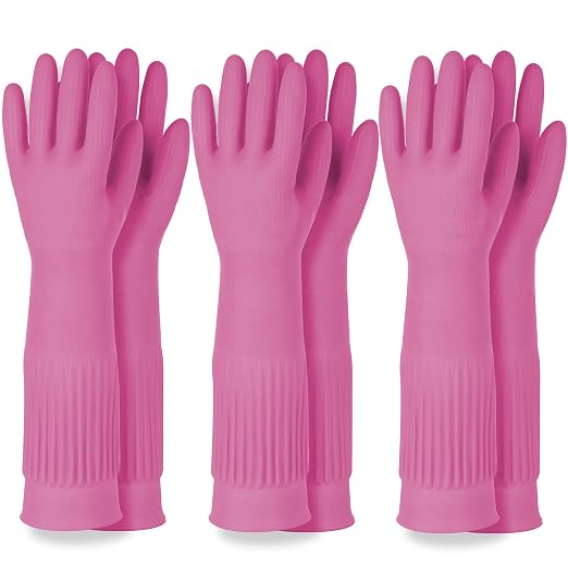 DABOGOSA Mamison 2 Pairs Reusable Waterproof Household Dishwashing Cleaning Rubber Gloves, Non-Slip Kitchen Glove (Pink, XXL (Pack of 3))