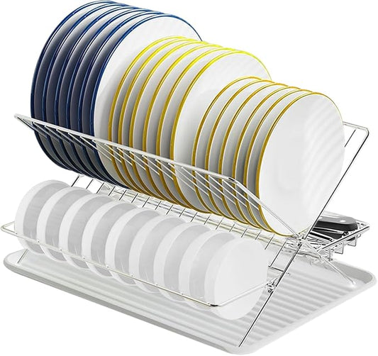 Stainless Steel Foldable Dish Drying Rack, 2 Tier Collapsible Kitchen Rack for Counter, Large Capacity Expandable Dish Drainer Rust Proof