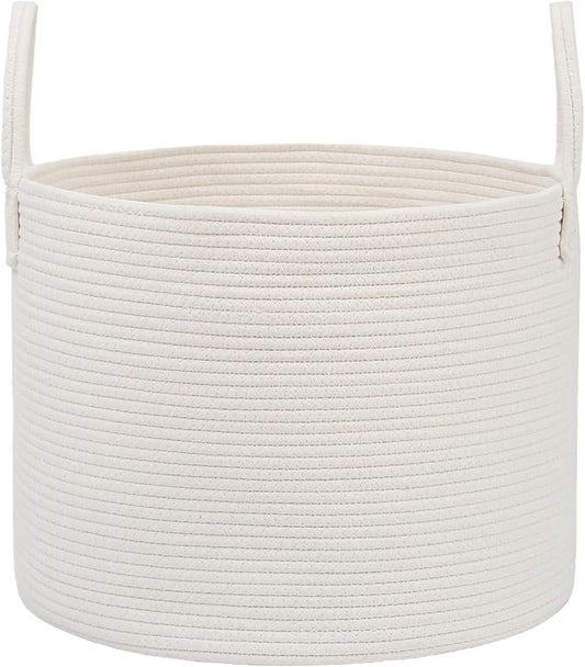 JMvicyroam 115L Extra Large Blanket Basket for Living Room - Woven Cotton Rope Laundry Hamper with Reinforced Handles - Storage Bin for Pillows, Comforters & Toys - Machine Washable,White