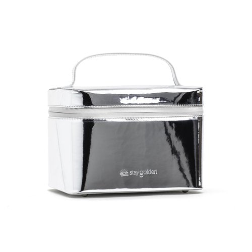 Stay Golden Metallic Silver Insulated Waterproof Makeup Bag for Women Heat-Resistant Travel Cosmetic & Toiletry Bag | Luxurious Vegan Leather Portable Makeup Organizer - Large