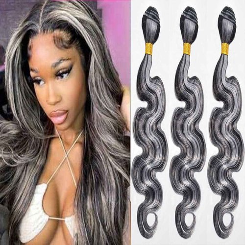 Giginger P1B/GREY Bundles Human Hair 24 26 28 inch Body Wave Human Hair Bundles Highlight Grey Brazilian Unprocessed Virgin Quick Weave Hair for Black Women