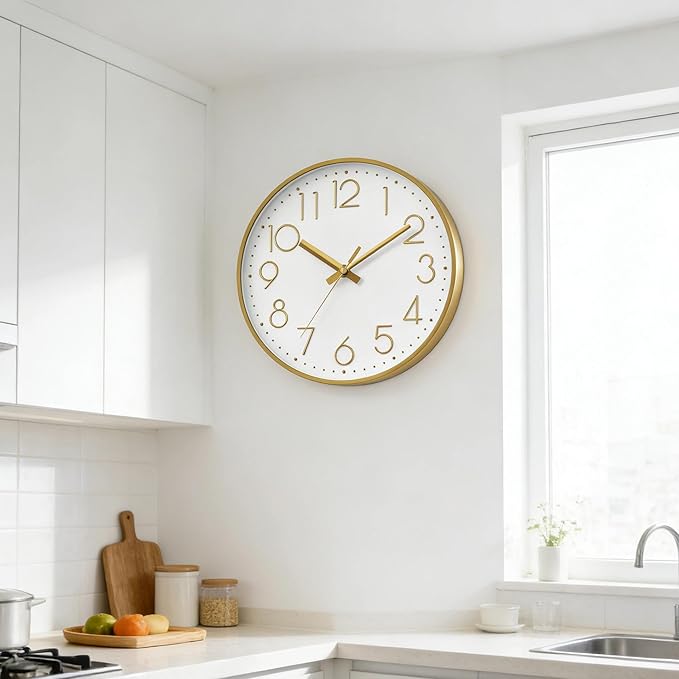 DAXSMY Wall Clock - 14 Inch Silent Non-Ticking Modern 3D Wall Clocks Battery Operated - Decorative Clock for Kitchen, Home Office, Bathroom, Bedroom, Living Room(Gold)