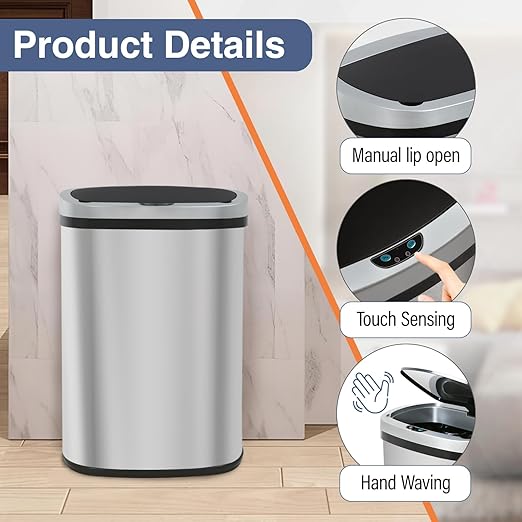 PayLessHere | 13 Gallon Stainless Steel Trash Can | Steel | Automatic Touchless Lid with Motion Sensor | Kitchen Garbage Can with Waterproof Design | for Home, Office, Bathroom | Pack of 1