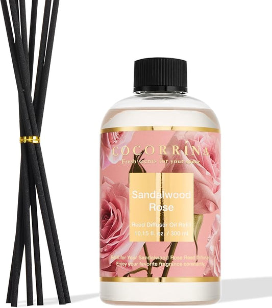 Cocorrína Reed Diffuser Refill Sandalwood Rose 10.2oz (300ml) with 8 Sticks - Premium Long-Lasting Floral Essential Oil, Home Fragrance for Bedroom, Bathroom Home Decor