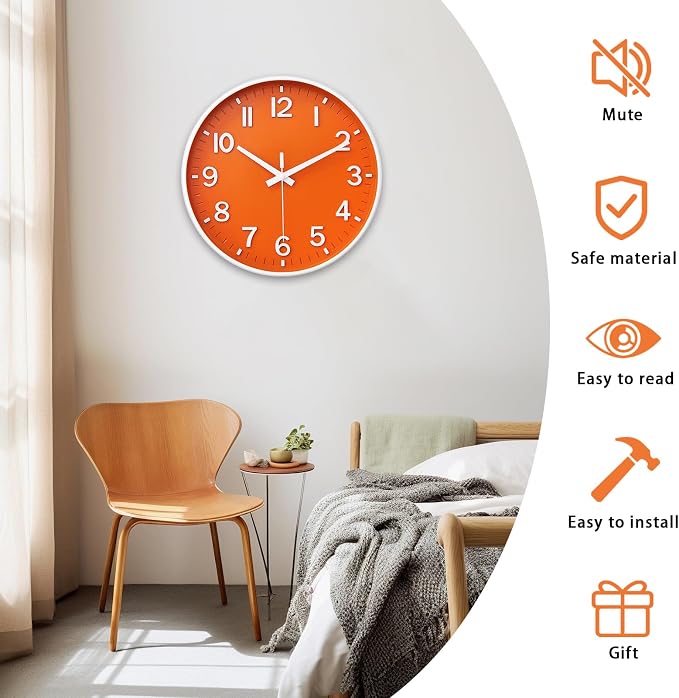 HZDHCLH Wall Clocks Battery Operated,Wall Clock Orange,8 inch Wall Clock Silent Non Ticking Modern 3D Numbers for Kitchen Bedroom Living Room Office Classroom Decor