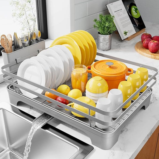 Kitsure Dish Drying Rack - Multi-Functional Dish Rack for Kitchen Counter with Cutlery Holder, Rust-Proof Storage Solution with Rotatable, 15.7" x 12.0" x 5.5", Grey