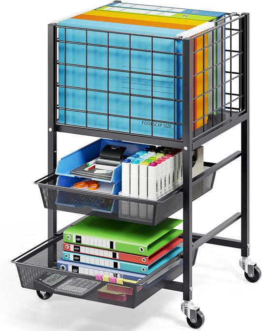 TOOLF Rolling File Cart, 3-Tier Metal File Cabinet with Wheel, Filing Cabinet with 2 Sliding File Trays, Adjustable Hanging File Folder Organizer for Office, Home, Classroom Black