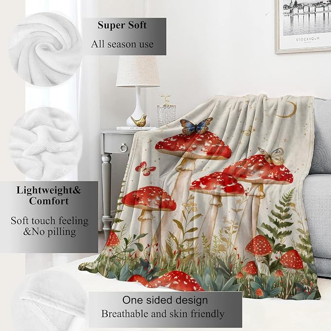 Red Mushroom Blanket Enchanting Forest Throw Blankets with Butterfly,Birthday Gifts for Girls Women & Nature Lovers,Lightweight Soft Fleece,for Sofa Couch Bed Room Fairy Tale Decor 50x60in