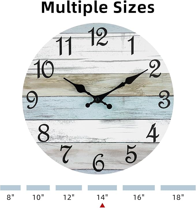 CHYLIN Wall Clock 14 Inch Bathroom Clock, Rustic Wall Clocks Battery Operated, Silent Non Ticking Wooden Coastal Beach Clock for Kitchen, Living Room, Bedroom, Office (White)
