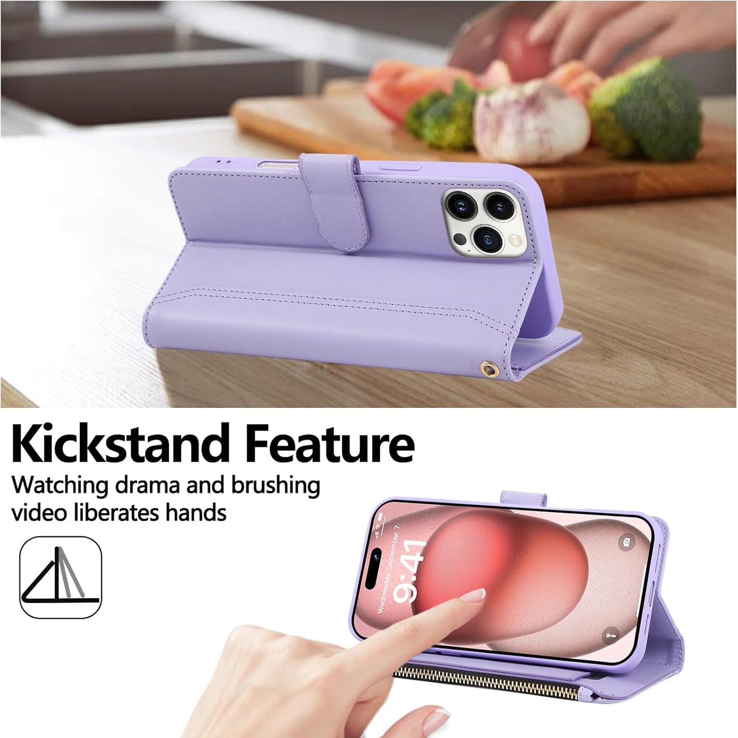 Compatible with iPhone 13 Pro Wallet Phone Case-PU Leather Magnetic Flip Cover with Credit Card Slots,Zipper Pocket & Detachable Wrist Strap,Shockproof Design,for Women and Men-Purple