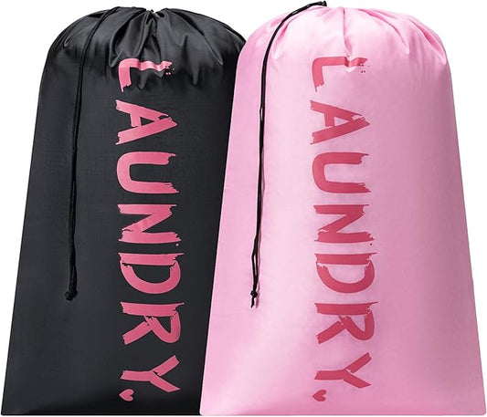 2 Pack 28" x 40"Travel Laundry Bag, Machine Washable Dirty Clothes Organizer with Drawstring,Large Enough to Hold 4 Loads of Laundry, Easy Fit a Laundry Hamper or Basket Travel Essentials