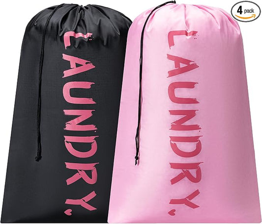 4 Pack XL Travel Laundry Bag, Machine Washable Dirty Clothes Organizer with Drawstring,Large Enough to Hold 4 Loads of Laundry, Easy Fit a Laundry Hamper or Basket Travel Essentials 24" x 36"