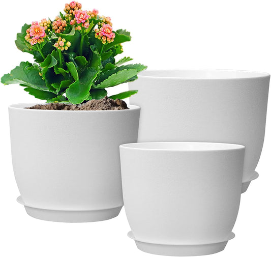 9/8/7.5 inch Flower Pots, Set of 3 Modern Decorative Plastic Planters with Drainage Holes and Saucers, Plant Pots for Indoor Outdoor Plants, White
