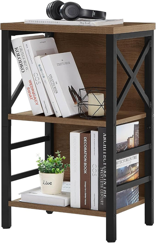 MNEETRUNG Small Bookshelf, 3 Tier Industrial Shelf with Metal Frame and Backboard, Low Rustic Brown Book Shelf, Small Bookcase for Small Spaces,Bookshelf for Living Room, Bedroom & Home Office