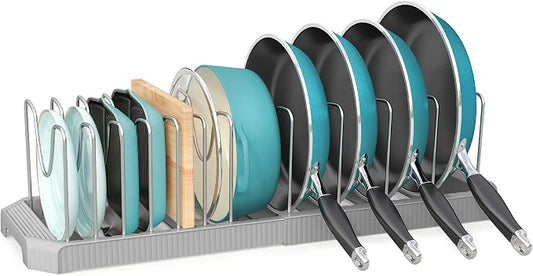 Pots and Pans Organizer for under Cabinet, Pan Pot Organizers inside Cabinet, Expandable Organizer with 12 Adjustable Dividers for Cookie Sheets, Cutting Boards, Pot Lids, Cookware - Pan Rack, Grey