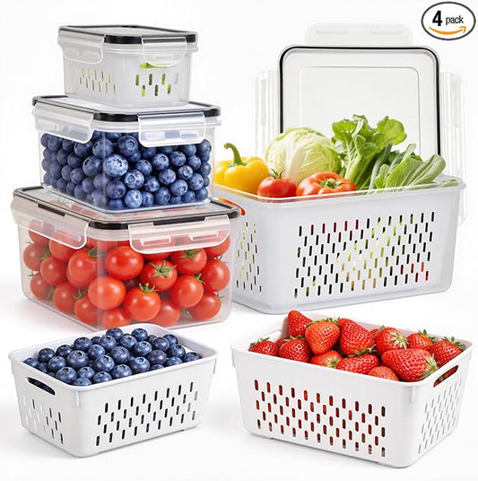 4 PCS Fruit Storage Containers for Fridge, Leakproof Produce Containers for Fridge with Removable Colander, Microwave/Dishwasher Safe Fruit Washing Bowl Keep Fruits, Vegetables, Berry Fresh longer