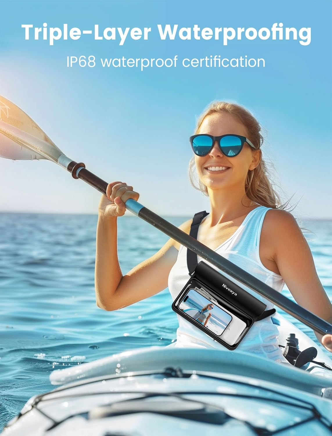 Niveaya IP68 Waterproof Fanny Pack - 2 Pack, Floating Dry Bag Pouch, Phone Waterproof Waist Pouch Dry Bag, Beach, Kayaking, Swimming, Boat Essentials, for iPhone 16/15/14/13/12 Pro Max up to 9.5""